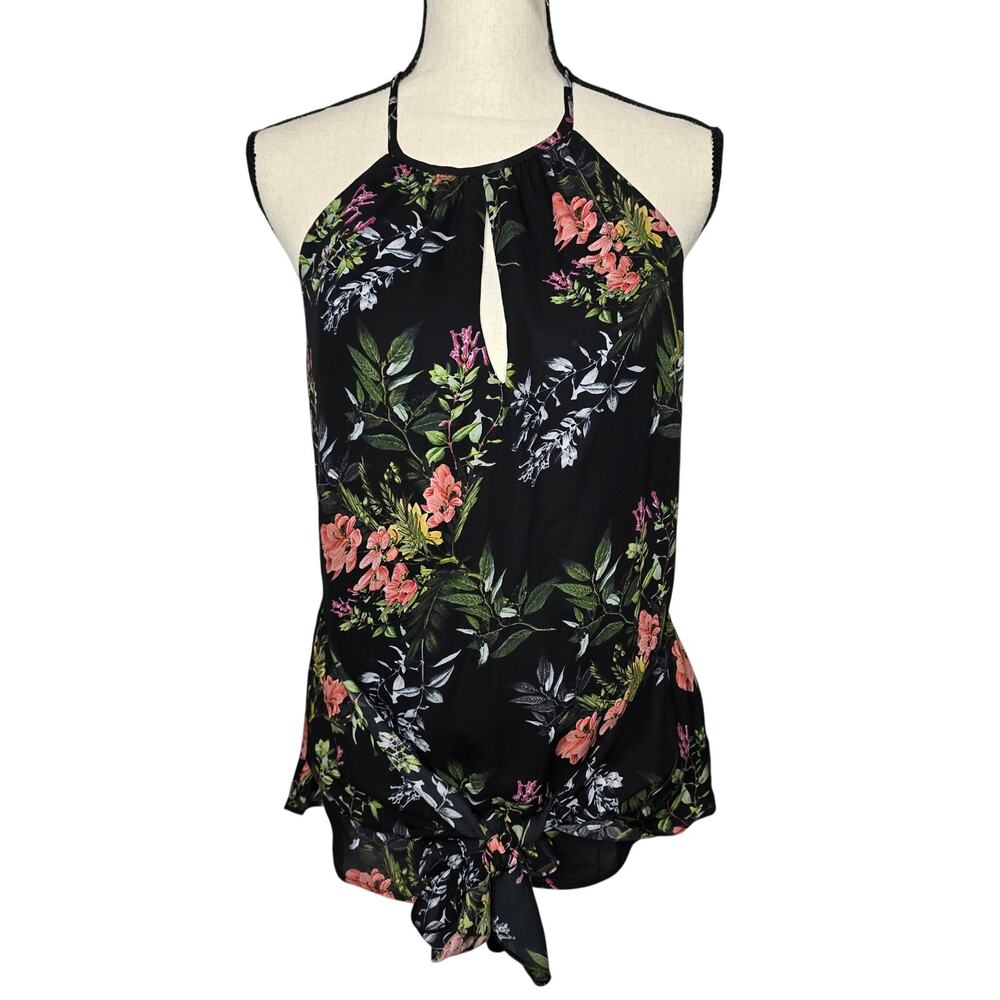 Parker Black Floral Halter Keyhole Cutout Tie Sleeveless Blouse Top Small